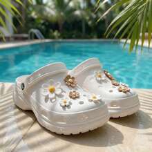 10Pcs/1Set Kawaii Floral Charms Set - Pastel Daisy Shoe Buttons, Clog Decorations For Summer Sandals For Outdoor Activities, Vacation, Travel, Outfit Accessories, And Gifting - Brown + White - View 1
