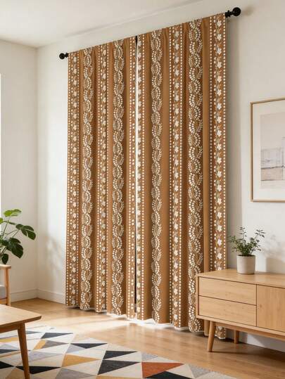 2pcs Khaki Bohemian Style Pattern Semi-Shading Bedroom Curtains, No-Drilling Rod-Penetrating Design, Rod Pocket Hanging, Bohemian Style Living Room Curtains, Kitchen Curtains, Suitable For Home Decoration, Room Decoration, House Decoration Partition, Polyester Material, Machine Washable And Hand Washable