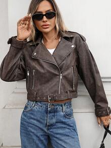 Women's Faux Leather Jacket Crop Biker Long Sleeve Zipper Belt Coat Outwear - Light Brown - View 7