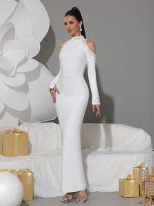 Elegant Black High Neck Off-Shoulder Fitted Long Evening Gown, Decorated With Pearl And Rhinestone On Sleeves, Suitable For Party, Wedding And Other Occasions - White - View 7