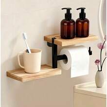 1/2pcs Wall Mounted Wooden Toilet Paper Holder, 2-In-1 Tissue Storage Rack, Rustic Farmhouse Style Organizer For Bathroom & Kitchen - 1 Pcs - View 2