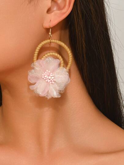 1 Pair Handmade Bohemian Geometric Rattan Flower Earrings For Women