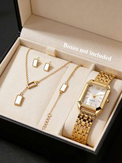 Luxury Compact Steel Quartz Watch And Hollow Square Necklace Earring Jewelry Set, Gold Tone Teenager Steel Band Analog Wrist Watch Set, Stainless Steel Folding Clasp Band, Inlaid Design, Suitable For Daily, Party, Banquet Outfit, Back To School Season, Music Festival Selected Goods, Birthday Gift For Others, No Box Included