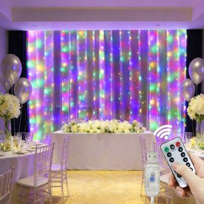 100/200/300/600 Luces de cortina LED, 4 opciones de color de luz, luces de hadas alimentadas por USB. Luces colgantes de fondo romántico para bodas con control remoto, 8 modos de parpadeo, decoración de luces para el hogar, dormitorio, ventana, pared, escenario, iluminación navideña, luces de hadas para fiesta de cumpleaños, propuesta de boda, ambiente de fiesta de boda.