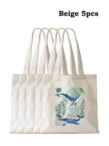 海洋生物印花帆布手提袋，轻便可重复使用，适合泳池度假日常必备 - 彩色 - 查看 22