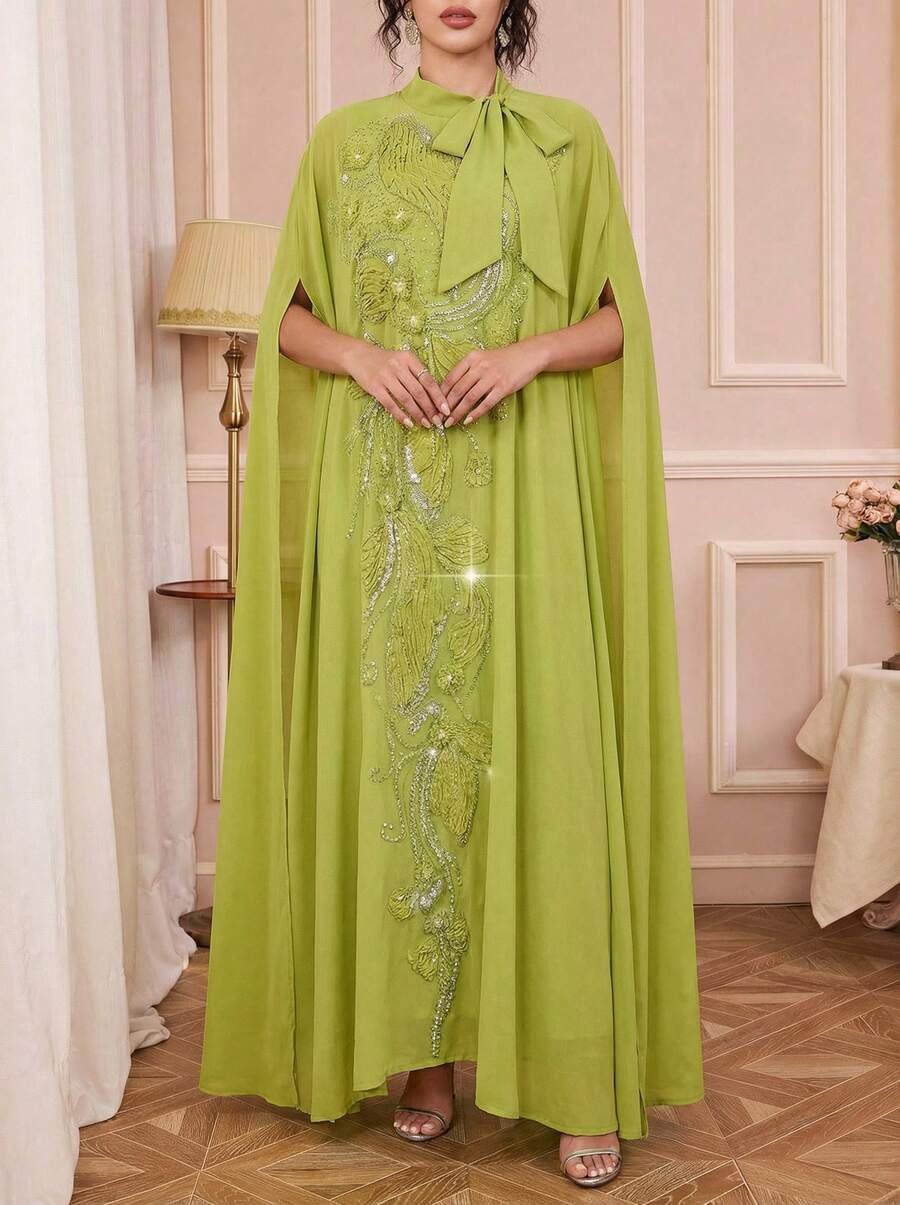 Solessence 女款素色飄逸領口、前片刺繡花卉裝飾、柔軟舒適長袍 - 果綠色 - 查看 1
