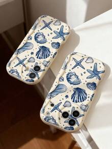 1pc Ocean Element Retro Artistic Starfish Shell Bubble Pattern Full Coverage Cream Texture Asymmetrical Wavy Edge Unique Soft Phone Case Compatible With IPhone 11/12/13/14/15/16/17 Pro Max - Multicolor - View 3