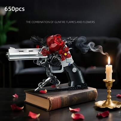 650pcs Rose Revolver Creative Building Blocks Toy, ABS Material With Stand, Rose Revolver Gift, Art Collection Decor, Desktop Ornament, Elegant Building Block Decor, Mother's Day/Easter/Valentine's Day/Christmas/Birthday Gift