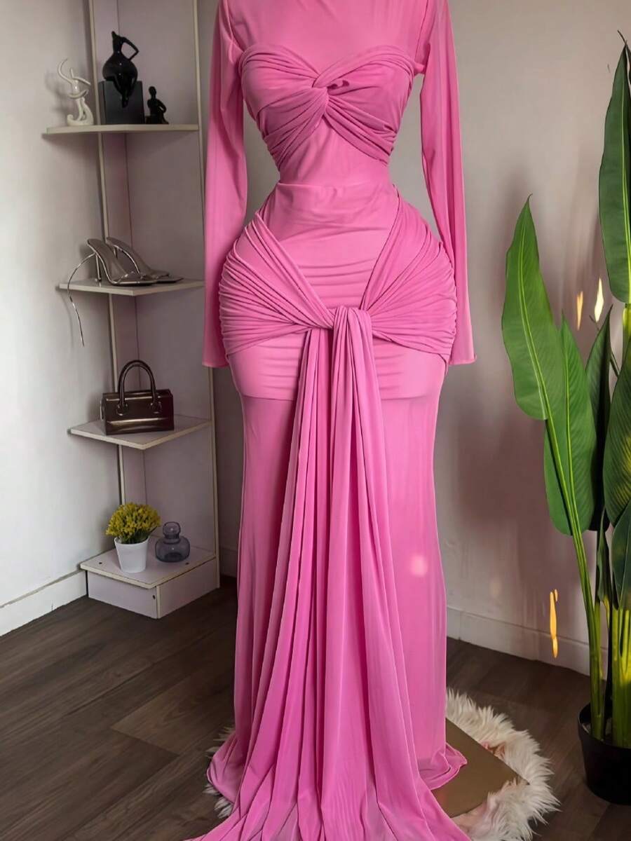 Women's Clothing 2026 Early Spring New Solid Color Long-Sleeved Round-Neck Chest Wrap Tight Temperament Long Dress - 粉色 - 查看 1