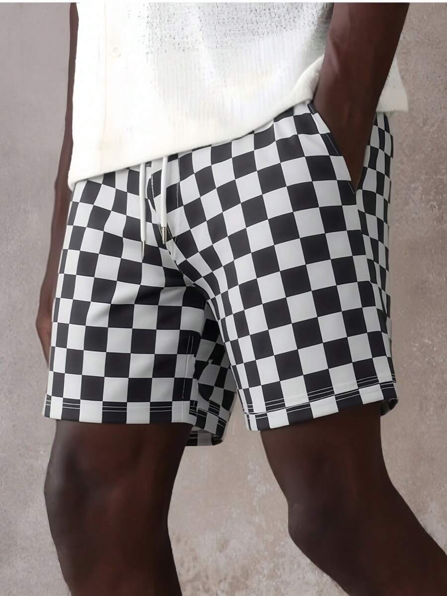 Men's Black & White Checkerboard Print Casual Shorts, Drawstring Waist Summer Streetwear Bottoms - Black and White - View 1