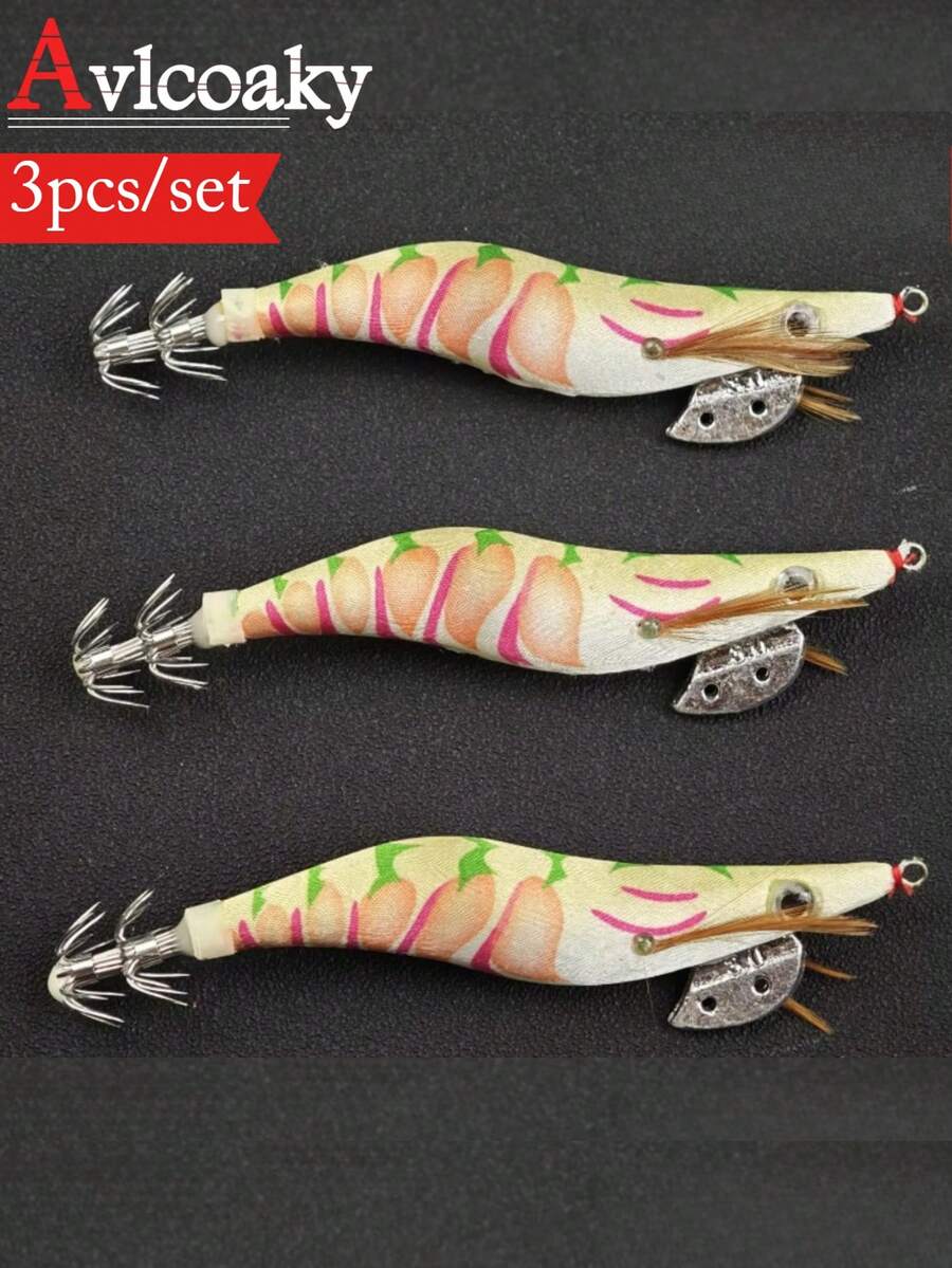 Avlcoaky 3pcs/Set 12cm Shrimp Fishing Lures Luminous Squid Jig Hook - Multicolor - View 1