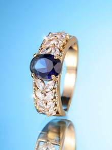 1枚创意椭圆形蓝色立方氧化锆和水滴形白色立方氧化锆镀金戒指，适合日常佩戴、情人节、派对、宴会、所有季节 - 金黃色 - 查看 6