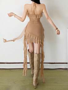 YeonC Tie-Up Halter Backless Fitted Bodycon Mini Dress With Mesh Sheer Ruffle Trim Tassel Patchwork - Khaki - View 2
