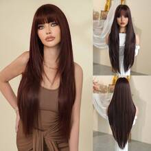 7JHH WIGS 34英寸超长直发覆盆子红棕色假发，带刘海 - 超长自然层次假发，高品质柔软合成纤维天鹅绒酒红色假发，适合女性日常佩戴、节日派对、母亲节礼物和毕业礼物 - 初学者无需胶水即可佩戴假发 - 紅木色 - 查看 11
