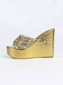 Women's Wedge Sandals, Thick Sole, Rhinestone Decor, Plus Size Fashion Slippers - Gold - View 7