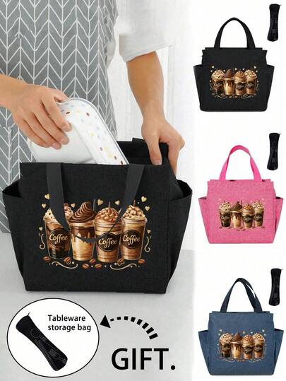 1/2个/套保温袋，印有“四杯咖啡”图案，搭配黑色餐具收纳袋，适合咖啡爱好者日常饮用，双层口袋午餐盒，大容量，学生餐保温冷藏袋，便携式旅行野餐包，办公室学校午餐保温盒，工作午餐盒，工作办公室假期午餐盒，男女通用多功能露营学校午餐盒（四种颜色可选）