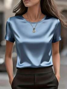 Áo kiểu nữ thanh lịch cổ tròn tay ngắn bằng vải satin, thích hợp cho mùa xuân và mùa hè. - Màu xanh lam - Xem 7