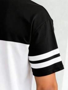 男士休闲黑白拼接短袖T恤，日常穿着、休闲通勤皆宜。 - 黑與白 - 查看 6