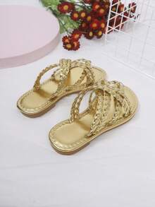 1 Pair 2026 Comfortable Shiny Gold Woven Criss-Cross Thong Sandals - Gold - View 5