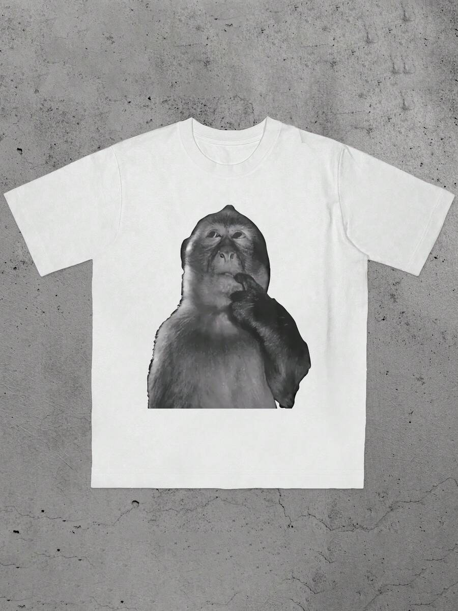 2026新款趣味猴子印花圆领休闲T恤，Y2K风格女式T恤，送给她的最佳个性礼物，适合日常穿着 白色 - 白色 - 查看 1