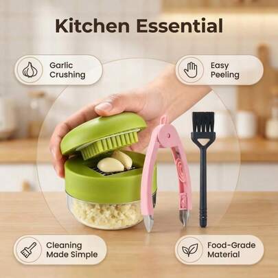 3-In-1 Manual Garlic Press And Mincer Set, Includes 1 Garlic Mincer, 1 Garlic Peeler, And 1 Cleaning Brush. This Complete Tool Kit Easily Peels, Minces, And Cleans Garlic, Saving Cooking Time. Made Of High-Quality Materials And Stainless Steel, Durable For Daily Use At Home, Camping, RV, And Restaurants.