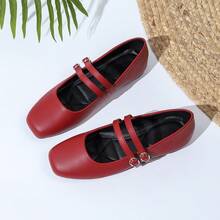 New French Breeze Flat Mary Jane Shoes, Square Toe Slip-On With Double Straps For Women - Vermillion - View 14