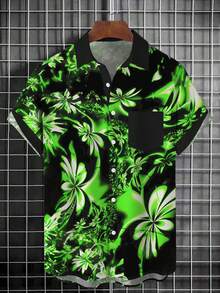 Hawaiian Gradient Floral Print Men's Button Pocket Short Sleeve Shirt - Green - View 4