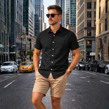 Italian Collar Shirt Short Sleeve Slim Fit Casual - 黑色 - 查看 4