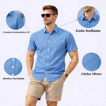 Men's Dress Shirt With Italian Collar, Short Sleeves, Slim Fit, Casual, Versatile, Elegant, Basic - 天藍色 - 查看 5