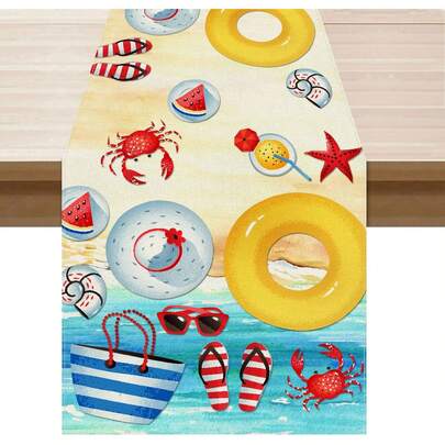 夏季沙滩游泳圈人字拖沙滩主题桌旗装饰，适用于夏季家居、厨房、节日派对、农舍