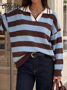 Aflion Women's Fall Preppy Brown & Blue Striped Oversized Polo Collar Knit Sweater, Long Sleeve Loose Pullover For Daily, Campus & Thanksgiving - Blue - View 9