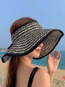 Mũ rộng vành gấp gọn dành cho nữ, mũ xô thoáng khí chống tia UV mùa hè mới, mũ chống nắng kẻ sọc bằng polyester kiểu dáng thường ngày. - mũ - Xem 8