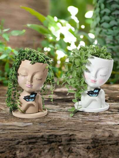 Fashionable Minimalist Cute Cartoon Girl Face Planter - With Butterfly Accent, Resin Crafted Decorative Vase, Indoor/Outdoor Resin Succulent Planter, Whimsical Floral And Botanical Garden Decor, Outdoor Flower Pot