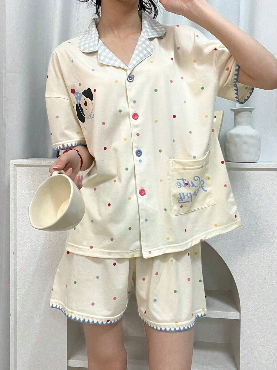 两件套女士睡衣套装,包括翻领短袖格子印花口袋上衣和波点印花短裤,居家休闲舒适。 - 黃色 - 查看 1