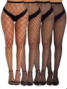 4pairs Women's Fishnet Pantyhose, Sexy Hollow Out Anti-Hook Tights With Small Holes - 黑色 - 查看 3