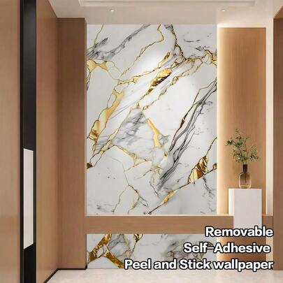 1 Roll Gold Marble Texture Self-Adhesive Wallpaper, Waterproof, Oil-Proof, Removable, Kitchen Oil-Proof Sticker, Bedroom, Living Room, Countertop, Wall Decor, Furniture Renewal, Wallpaper, DIY Home Decor, Modern Wallpaper, Sticker