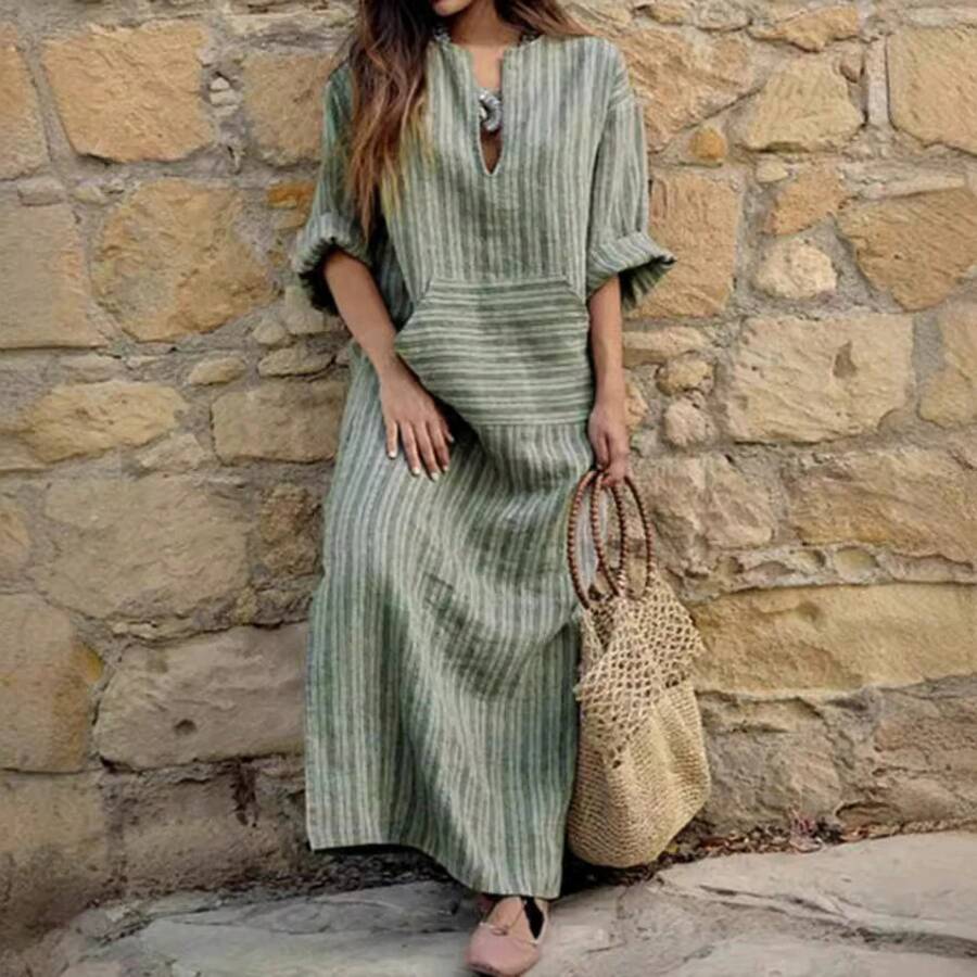 Popular European And American New Cotton Linen Striped Loose Fit Dress Women Summer Casual Vacation Beach Mini Dress 2024 New Arrival - Sọc xanh - Xem 1