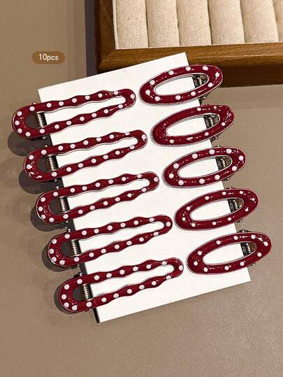 10pcs Red Polka Dot Simple Korean Style Hair Clips, Suitable For Daily Use