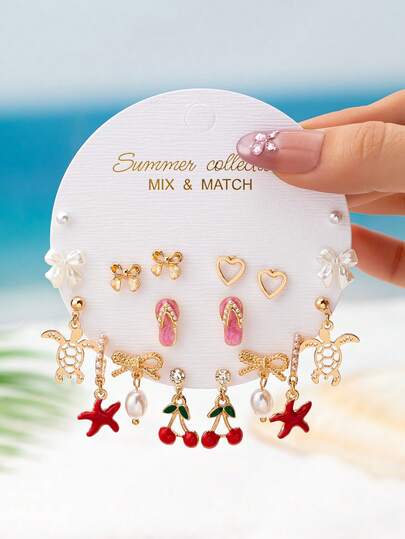 Bộ 18 khuyên tai phong cách Bohemian mạ vàng dành cho nữ - Chủ đề biển mùa hè với hình trái tim, rùa và sao biển - Khuyên tai dáng dài hình nơ tối giản - Khuyên tai đính nơ ngọc trai giả - Quà tặng trang sức phong cách Boho cho kỳ nghỉ