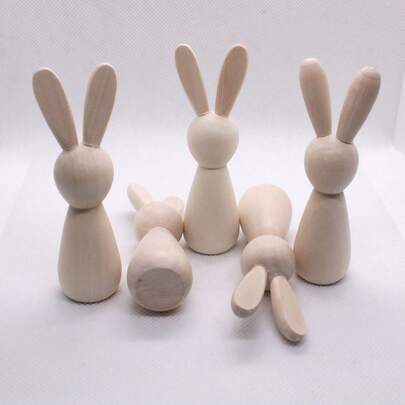 Easter Painted Natural Wood Rabbit Creative Graffiti Wooden Rabbit Figurine, Wooden Animal Decor