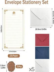 A5复古玫瑰色加厚信纸，亚麻纹理信封，带火漆印章 | 100克防水材质 | 多种颜色可选 | 适合书写、日记和情书 | 可用于制作文具、婚礼请柬、贺卡、明信片、学习用品和返校用品 - 彩色 - 查看 12