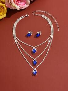 Charming Multi-Layer Vintage Jewelry Set - Sparkling Crystal Layered Necklace + Earrings, Bridal Wedding Formal Cocktail Party Jewelry, Anniversary Gift - 1811-hB Blue - View 3