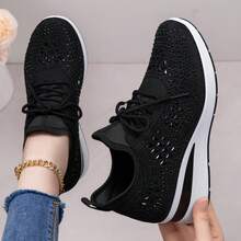Nuevos zapatos casuales transpirables, parte superior de malla con lentejuelas, cómodas zapatillas con plataforma para mamás - Negro - Ver 4