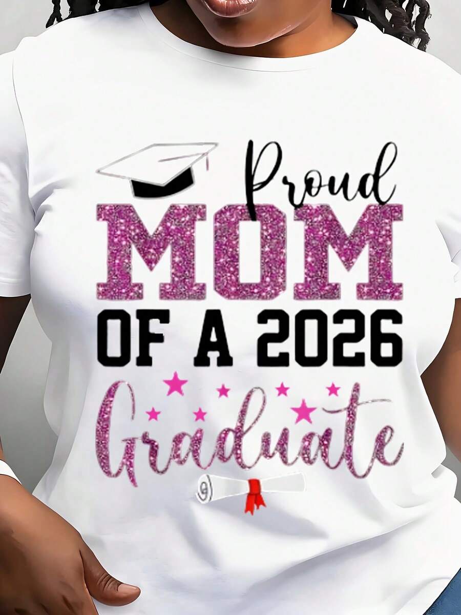 Proud Mom Of A 2026 Graduate Graduation Cap And Diploma Women's T-Shirt Glitter Pink Design For Mother Of Graduate Celebration - 白色 - 查看 1