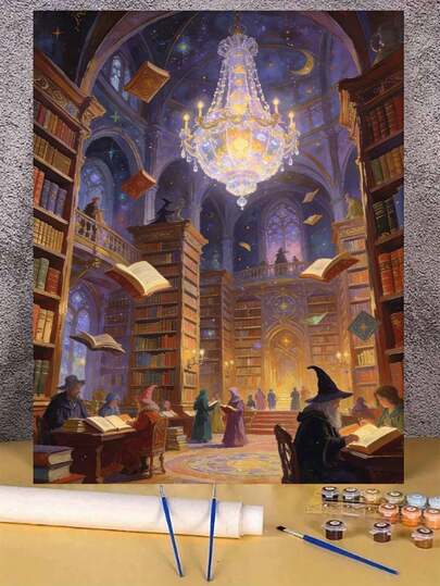 魔法图书馆奇幻DIY数字油画帆布画工艺品成人家居装饰40x50厘米/16x20英寸节日礼物