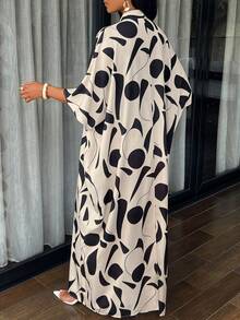 AIJ Amarilo 女士夏季抽象印花长裙 - 优雅蝙蝠袖长袍，休闲宽松长裙，适合海滩、度假和日常穿着，春季款 - 杏色 - 查看 2