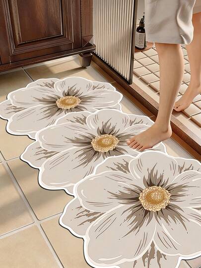 1件米色花卉图案地毯，硅藻土材质，浴室地垫，浴室地毯，门垫，小地毯，地毯，垫子，家居装饰，区域地毯，户外地垫，家居装饰，区域地毯，卧室地毯，可水洗地毯