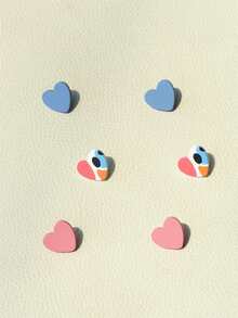3 Pairs Romantic Cute Heart Shaped Acrylic Earrings With Girl Blue & Pink Printed Pattern, Ceramic Texture - Multicolor - View 4