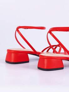 女士极简交叉露趾高跟凉鞋，新款夏季时尚百搭方头低跟罗马凉鞋，适合度假 - 紅色 - 查看 5