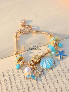 1pc Ocean Style Charm Bracelet, Starfish & Shell Charm Bracelet, Shell & Conch DIY Bracelet, Fashionable Boho Holiday Style Bracelet, Fashionable Cherry Blossom Flower Charm Bracelet - Gold - View 9